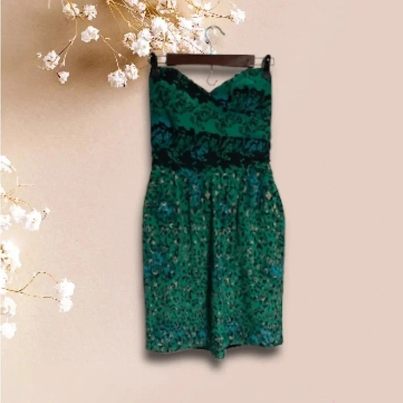 Silk Green Animal Print Mini Dress Women’s Medium Strapless‎ Pockets Party - Picture 4 of 16
